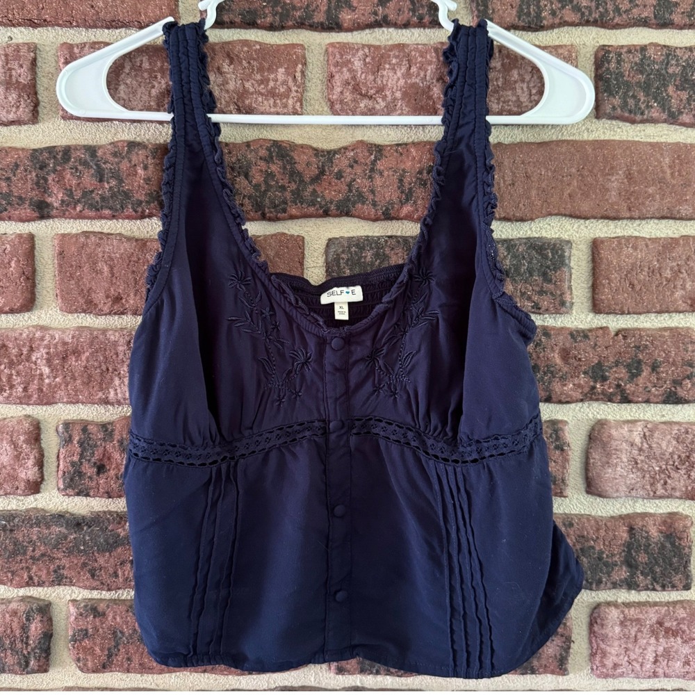 Embroidered Crochet Boho Tank Top Smocked Back Trim Navy Blue Romantic XL Coast